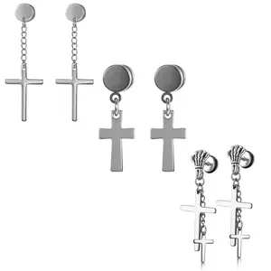 OIDEA Claw Double Cross Dangle Stud Earrings in Stainless Steel, Gothic Drop Jewelry for Men and Women