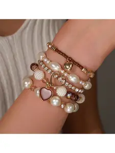 Boho Coffee Tone Pearl Beaded Bracelet Stack, Stackable Heart Charm & Rhinestone Bracelet Set for Women