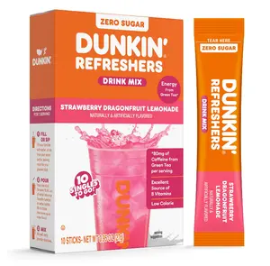 Dunkin’ Refreshers Singles To Go! Powdered drink mix packets, 10 packets per box , Energy from Green Tea, aspartame-free, no synthetic colors, naturally and artificially flavored, just add water