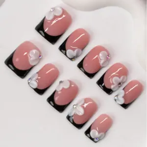 10pcs Square Shaped Handmade Nail Tips, Y2K Baddie Style, Nude & Black Color With French Tips & Carved Designs, Suitable For Women & Girls, Includes Tools, Great Gift For Parties, Occasions, Daily Wear Nails Nail Supplies Handmade Press On Nails