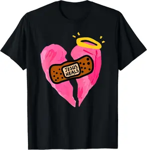 Jesus Heals Broken Heart Print Bandages bandaids T-Shirt Pure Cotton Graphic Tees Menswear Top: Gifts for Men & Women