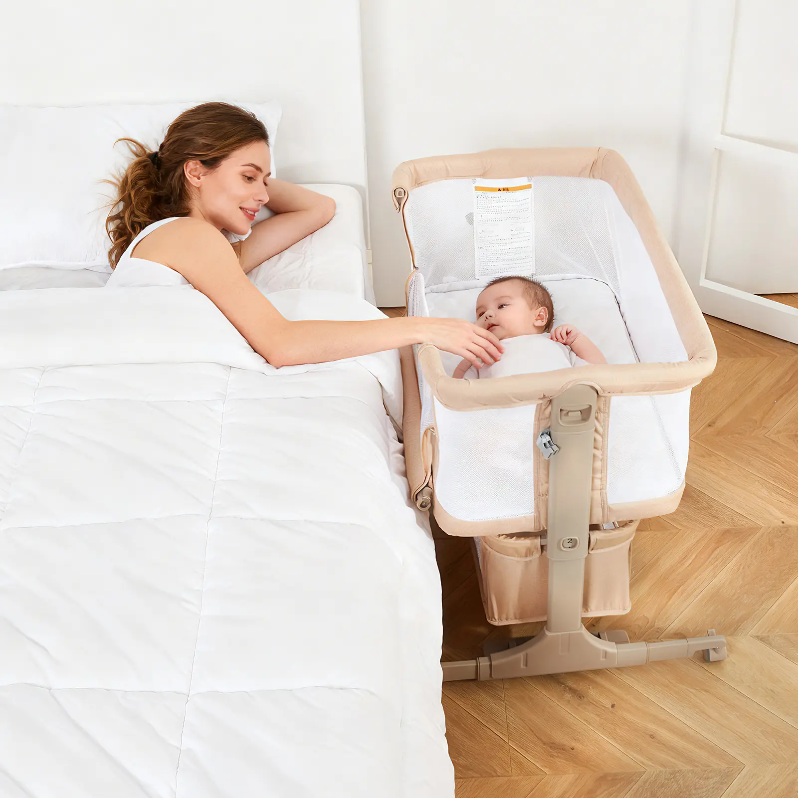 3-in-1 Bedside Bassinet for Baby – Portable Side Crib Travel Crib with Adjustable Height, Mosquito Net, Storage Basket, Wheels