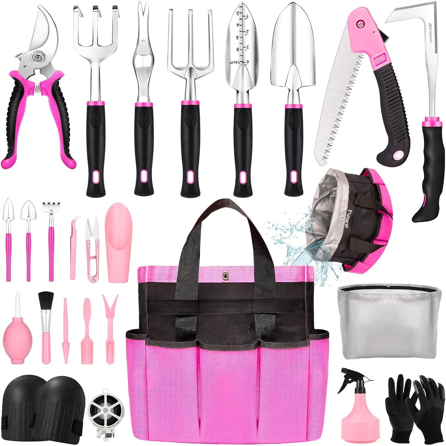 Pink Garden Tool Set Gardening Items for Women - 24 count Heavy Duty Garden Tools with Detachable Storage Bag, Succulent Tool Set, Weeder