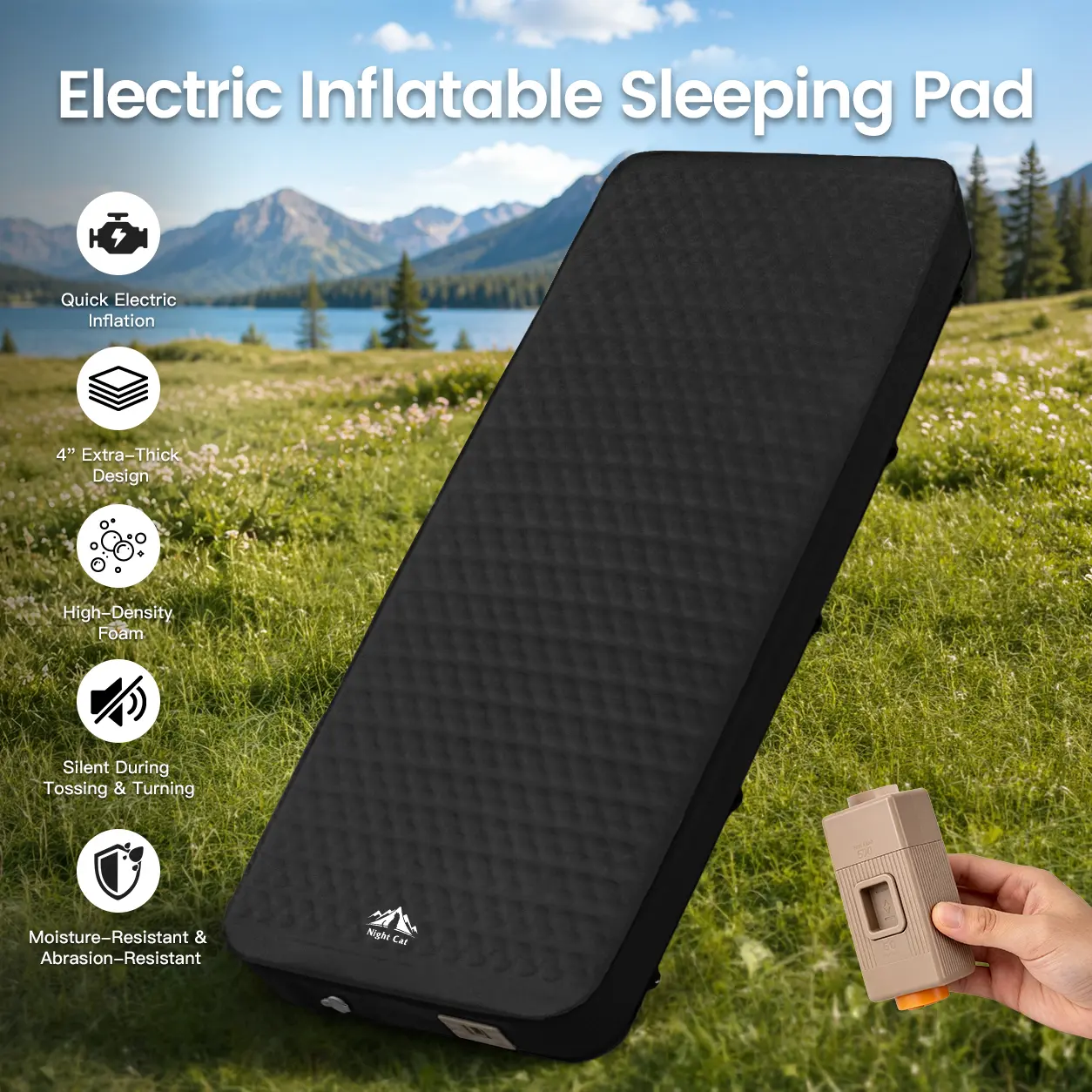 Night Cat 4" Thick Memory Foam Sleeping Pad, Self-Inflating with Built-in Electric Pump and USB Charge, 79x30x4" Rectangular Mat for Single Person Camping & Backpacking, Hiking, Outdoor Camps
