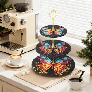Layered Wood Display Kit Sparkly Colorful Butterfly 3-Tier Platter 5D Diamond Painting | Table Decor Handmade DIY Creative Gift