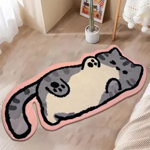 1 Piece - Lying Cute Kitten Imitation Cashmere Bedside Rug, Fluffy Modern Rug | Home Decor Rugs, Soft, Comfortable, Anti-Slip Mat, Suitable for Bedroom, Living Room, Bathroom, Kitchen