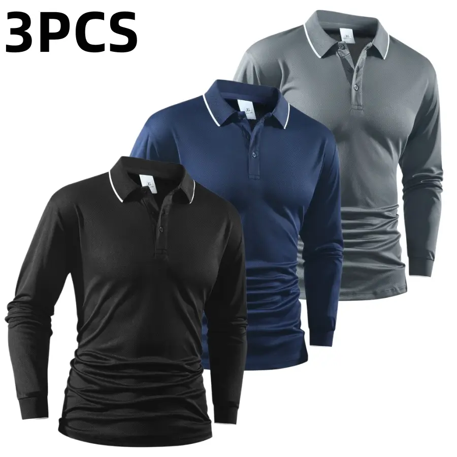 Three color contrast polo shirt for men with a notched collar and long sleeves, featuring a classic notch lapel paired with white piping for refined details. Button accents at the placket add a clean, structured feel, while the long sleeve fit is suitable