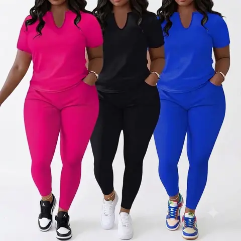 Women's Plus Size 2-Piece Solid Loungewear Set - Short Sleeves V-Neck Tee & Leggings, High Elastic Stretch Polyester Blend Activewear, Casual Athleisure Outfit (Sets for Women 2 Piece, Plus Size Clothes)