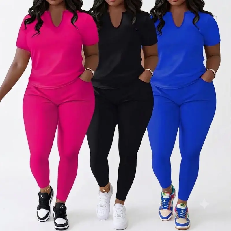 Women's Plus Size 2-Piece Solid Loungewear Set - Short Sleeves V-Neck Tee & Leggings, High Elastic Stretch Polyester Blend Activewear, Casual Athleisure Outfit (Sets for Women 2 Piece, Plus Size Clothes)