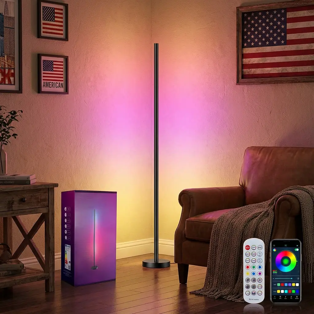 Ambient Floor Lamp Multi-Color LED Corner Lamp with Smart App and Voice Control, RGBWIC, Polished Metal Modern Look, 1000 Lumens, 16 Billion Colors, CRI 90+ with Attached Control Button, Ambient Light for Home, Bedroom, Living Room Decor 1 Pack tiktokshop