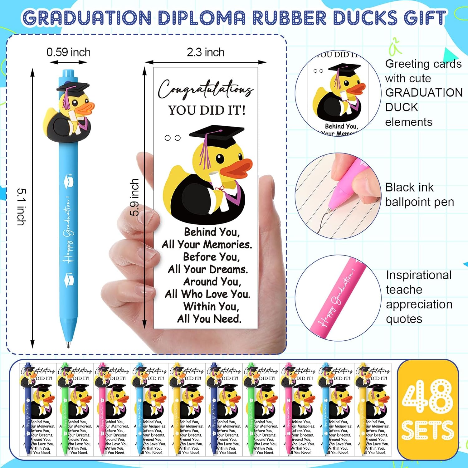 24/48 Sets Graduation Ballpoint Pens Gifts for Students Bulk Class of 2026 Ballpoint Graduation Party Favors Duck Ballpoint Pen with Inspirational Cards for College School End of Year