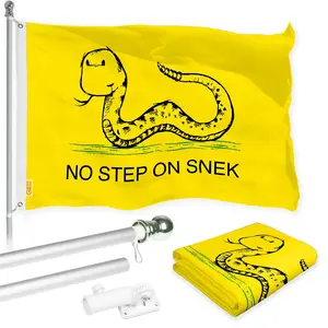 G128 Combo Pack: 6 Ft Tangle Free Spinning Flagpole (Silver) & No Step on Snek Cute Cartoon Flag 3x5 Ft Printed 150D Polyester, Brass Grommets (Flag Included) Aluminum Flag Pole