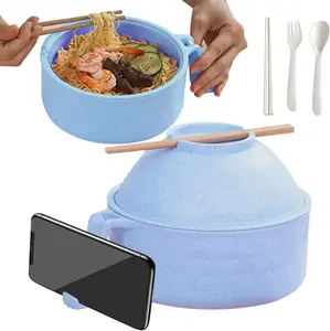 Microwave Ramen Bowl with Lid,  New Ramen Noodles Bowl Set with Chopsticks, Spoon and Fork, Ramen Bowl Microwavable Portable Ramen Cooker, Apartment Essentials