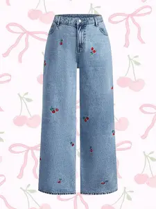 Women's Casual Wide Leg Cherry Denim Jeans, Loose-Fitting Straight-Leg Jeans, Comfortable Everyday Wear, Stylish Women's Bottoms, Pants