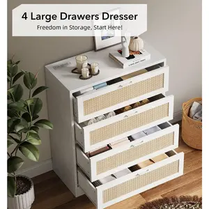 Tall Rattan Wooden Dresser With 4 Spacious Drawers Multifunctional Storage Cabinet With Pull Handles Wide Top Surface Easy Assembly For Bedroom Living Room Hallway Entryway Natural Modern Design White