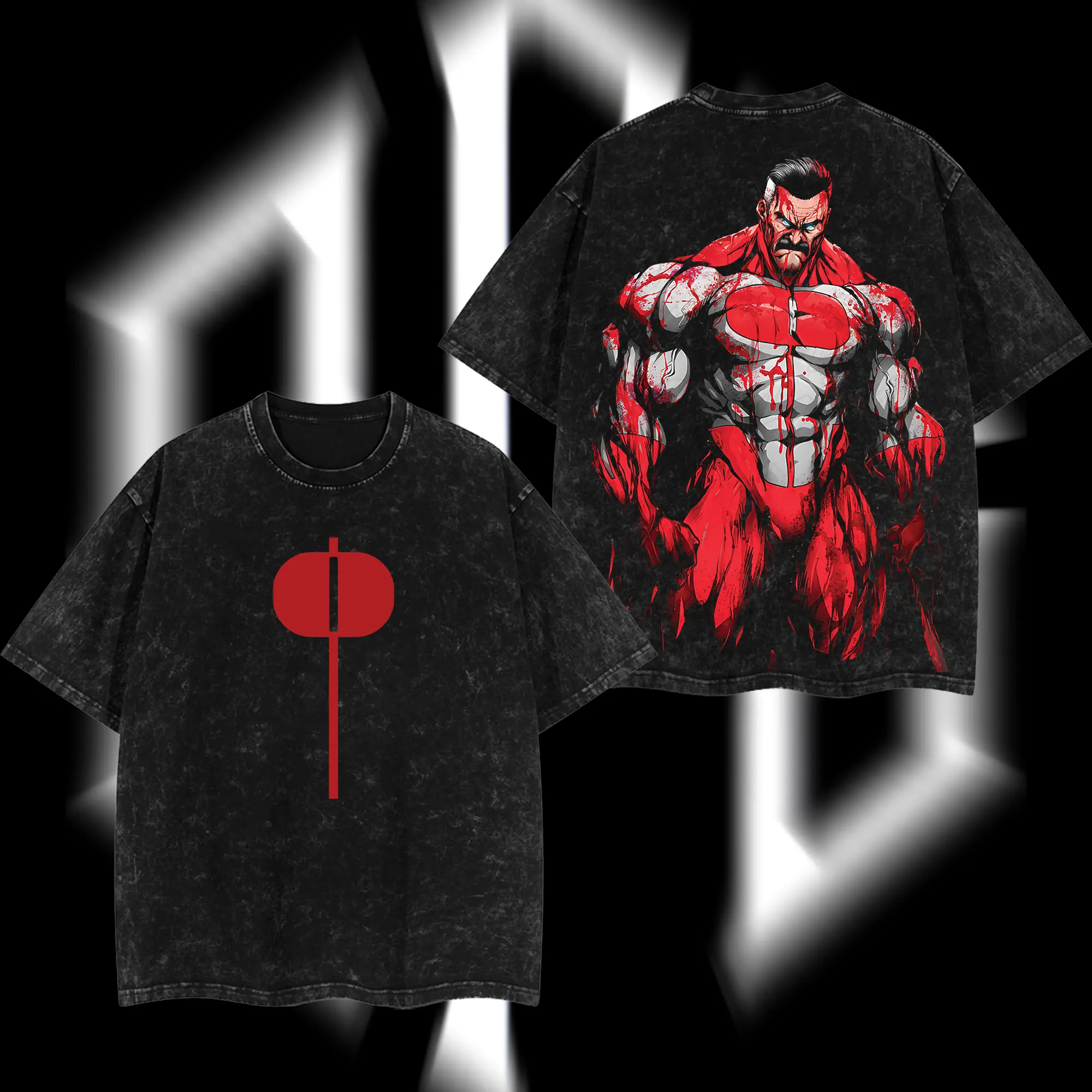 SuperStyle Limited Edition Nolan Grayson Omni-Man Invincible War Superhero Comics Double Print Lightweight Acid Washed Oversize Seamless Fabric Apparel, Men's Short-Sleeve Graphic Cotton Streetwear T-Shirt