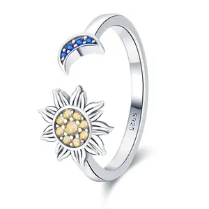 925 silver, celestial design sun and moon open ring, set with two colored gemstones, suitable for everyone to wear ring