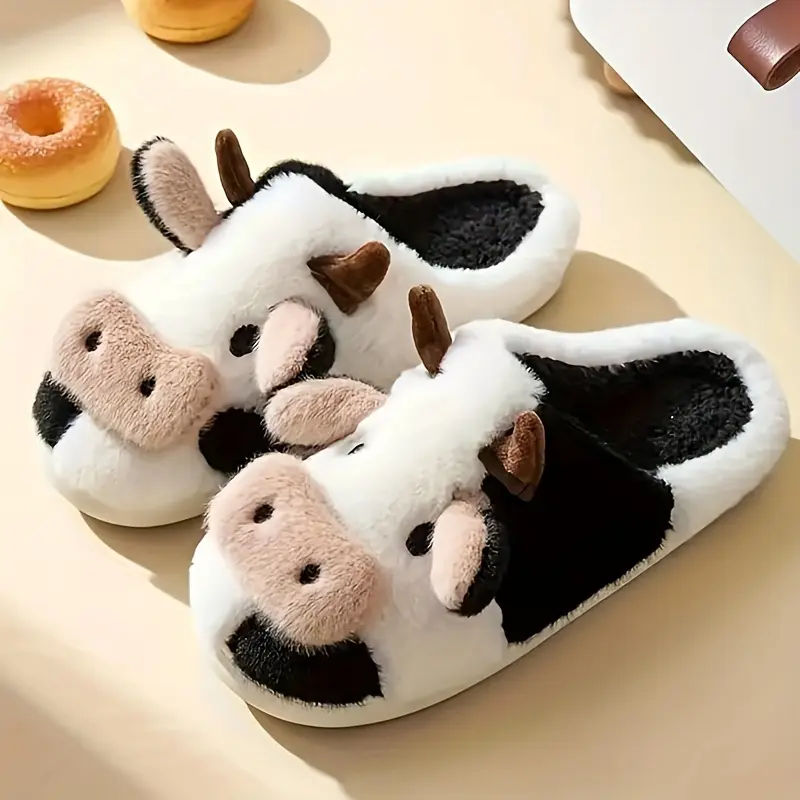 Women's Cow-Themed Plush Cotton Home Slippers - Cute Sweet, Fleece Fabric, Plush Upper Feels Gentle on Bare Feet, Ultra-Soft, Cozy Indoor Wear House Shoes, Women Sizes, Steady Pvc Grip