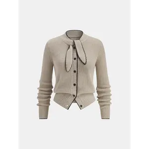 Tie Neck Contrast Trim Wool Blend Cardigan