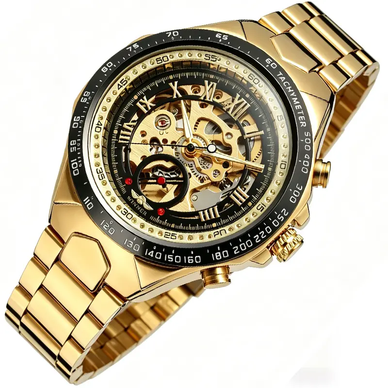 Men's Analog Mechanical Watch - Gold-Coated All-Metal, Rhinestones Crystal-Encrusted, Battery-Free Automatic, Trendy Versatile Lightweight Luxury Casual Wristwatch, Ideal Gift for Fashion-Conscious Individuals