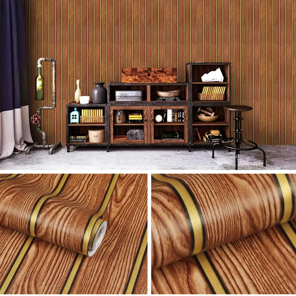 Deep Vintage Wood Grain Wallpaper, Self-Adhesive PVC Wall Paper, Waterproof, Easy Install, Home Renovation, Kitchen, Living Room Decor, Decorative Wallpaper