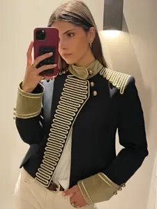 Cropped Military Jacket Women's Jacket Spring Autumn 2026 Women's Long Sleeve Top High Neck Velvet Stand Collar Slim Fit Bowknot Button Coat Elegant Daily Outerwears Chic High Quality Jackets