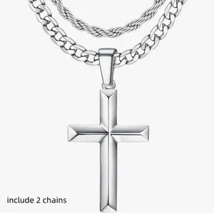 Trendy Stainless Steel Cross Necklace  - Layered Cross Pendant Necklaces Waterproof Cuban Link Rope Chain Silver Necklace Stack Jewelry 21.65&23.62 Inches