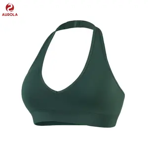 AUROLA Influence Halter Backless V-Neck Sports Bra for Women Open-Back Padded Yoga Workout Crop Top with Adjustable Straps Lightweight Breathable Fabric