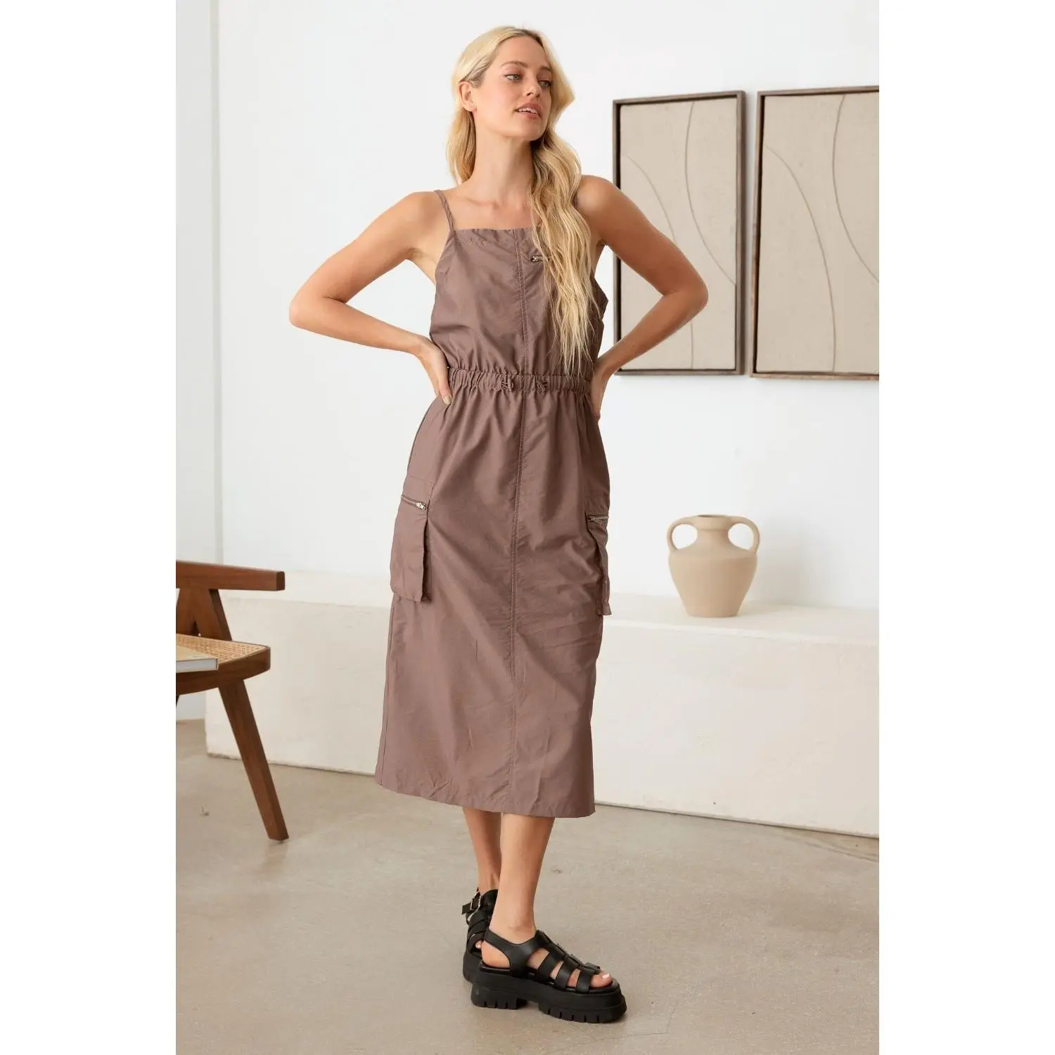 Adjustable Strap Waist Drawstring Cargo Midi Dress