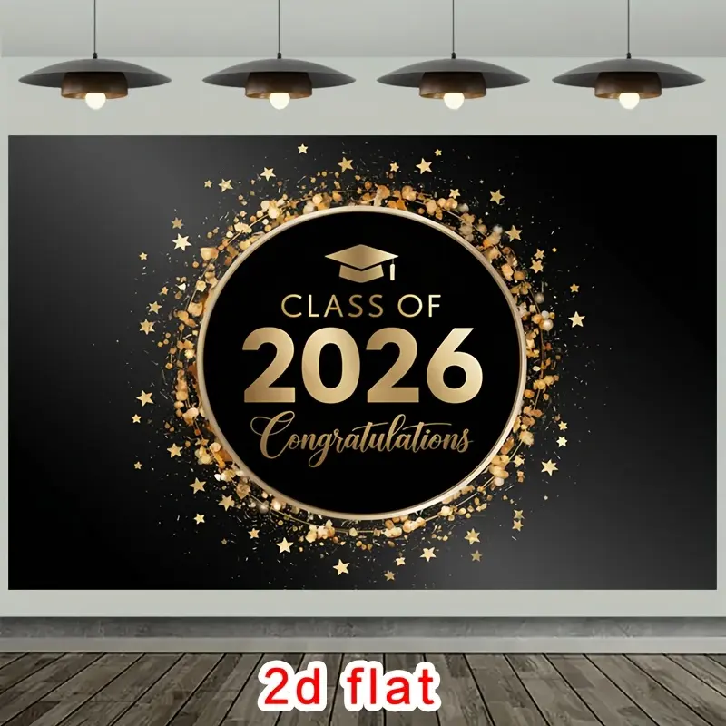 Class of 2026 Graduation Tapestry - Golden Cap Star Theme Polyester Wall Hanging, HD Print, Multi-Size, Machine Washable, Love & Family Decor for Baby Shower, Engagement, Photography Background
