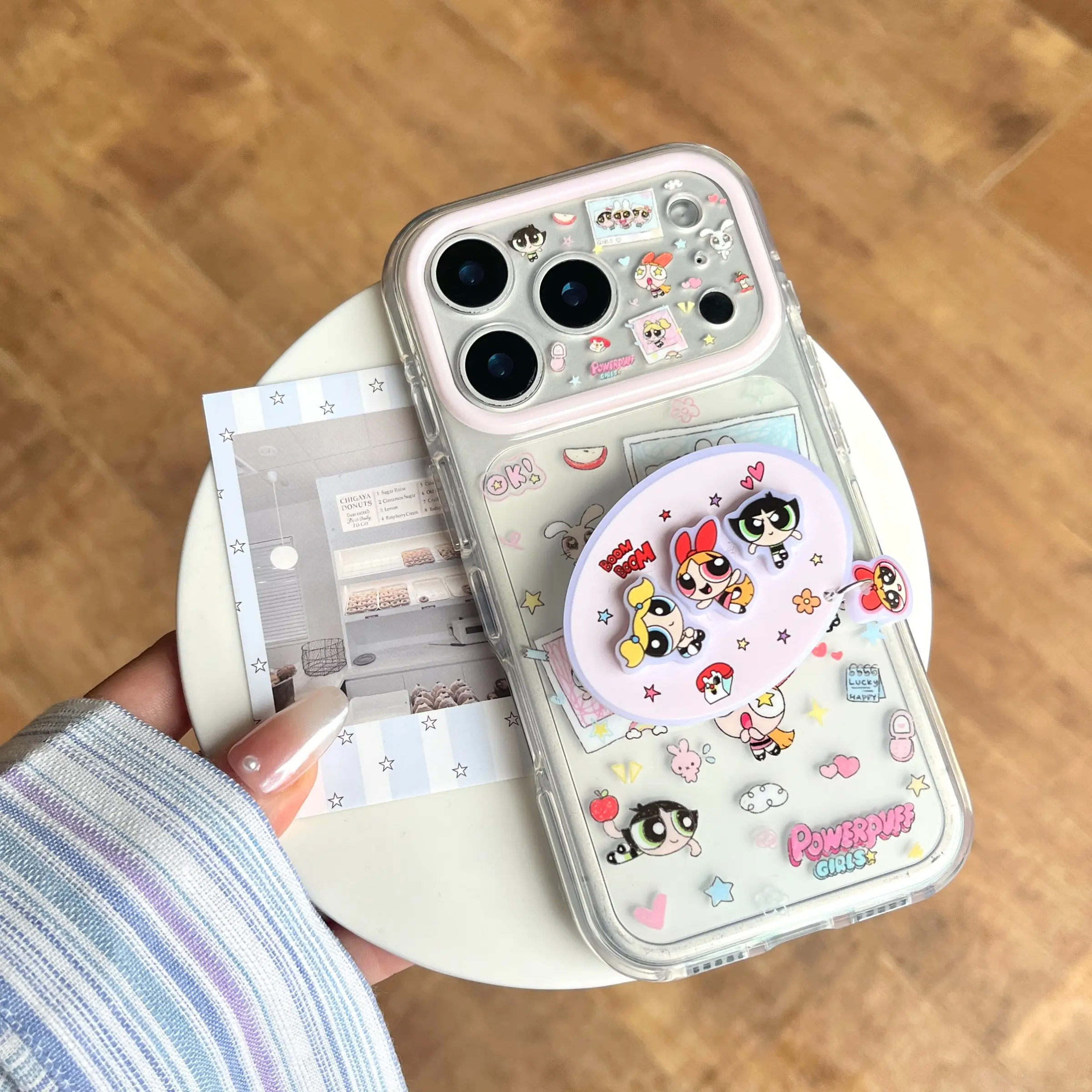 Cute Flying Powerpuff Girls Polaroid Protective Case Cover Casing with Stand, Compatible with iPhone 17 Pro Max, 16 Pro Max, 15 Pro Max, 14 Pro, 13 Pro, Fashionable Women's Smartphone Case