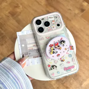 Cute Flying Powerpuff Girls Polaroid Case with Stand, Compatible with iPhone 17 Pro Max, 16 Pro Max, 15 Pro Max, 14 Pro, 13 Pro, Fashionable Women's Phone Case