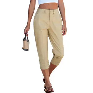 GRAPENT Capri Pants for Women High Waisted Relaxed Fit Elastic Waist Casual Capris Trousers Crop Chino Pants with Pocket