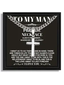 1 piece silver cross pendant Cuban chain necklace fashion gift box for boyfriend on Valentine's Day Christmas Birthday with blessing card and box