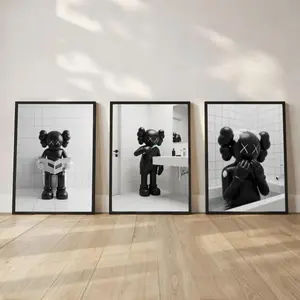 Full Set 3 KAWS Bathroom Wall Art Set of 3,Black Shower Poster,Hypebeast Washroom Decor,Modern KAWS Prints,Luxury Bathroom Wall Decor