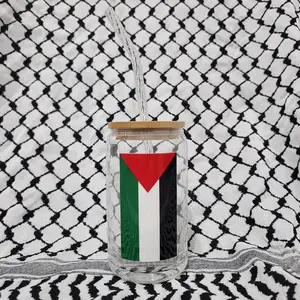 Palestine flag Glass cup with lid and straw Bamboo lid and glass straw