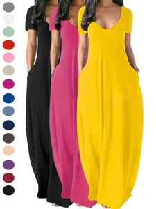 2026 Women's Long Nightgown, Coffee , Casual Round Neck short Sleeve Vneck PocketSleepwear, Soft Comfortable All-SeasonLoungewear Night Dress
