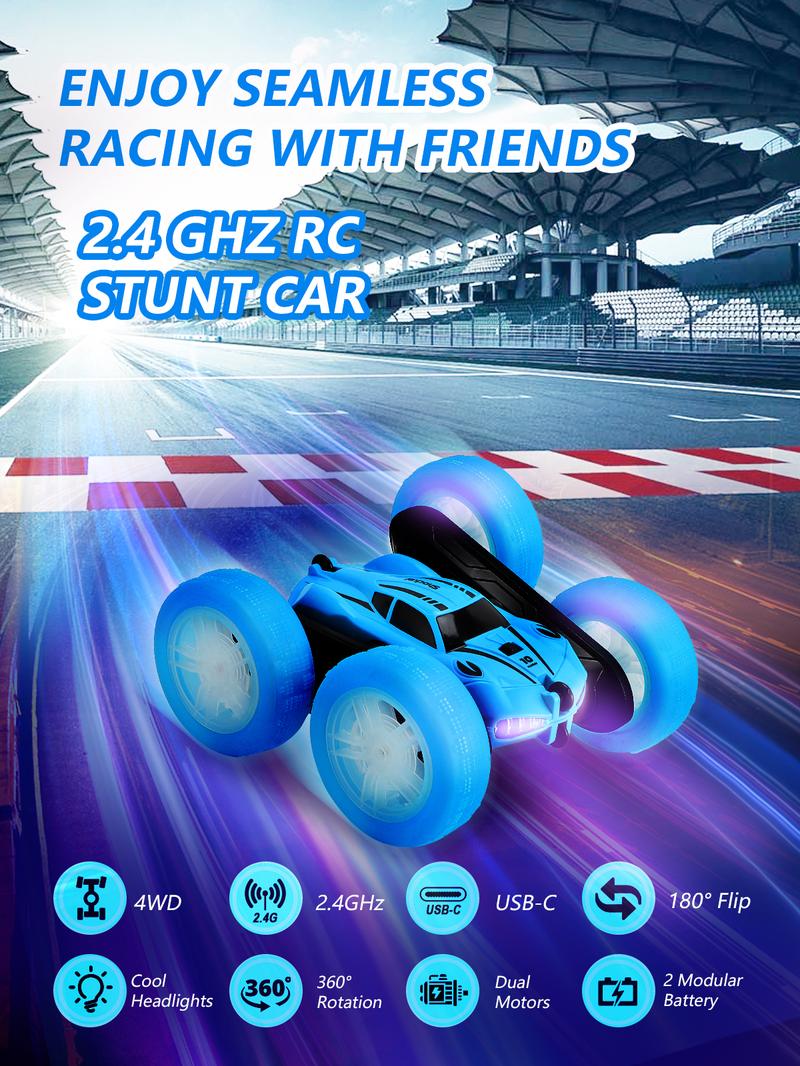 Fygurso Remote Control Car RC Cars with Sides Light Strip and Headlights Double Sided 360 Flips Rotating RC Stunt Car,2.4Ghz All Terrain Toys for Kids Toy for Boys Girls Birthday Gift(Blue)