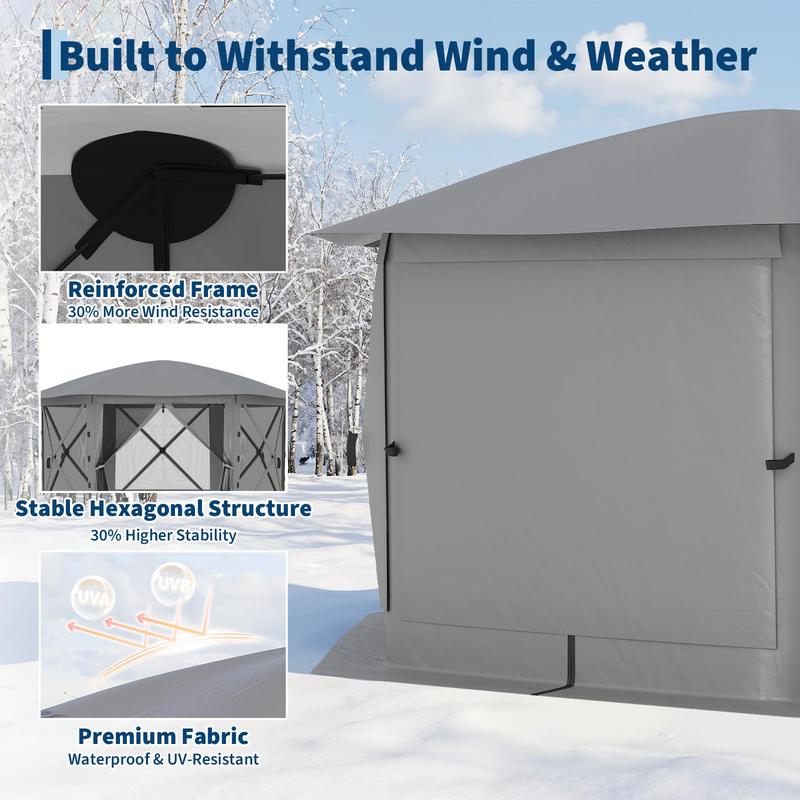 Pop Up Gazebo Screen Tent 11x11 ft with Removable Canopy Top – Quick-Set 6-Sided Bite-Proof Sun Shade Tent, All-Weather Outdoor Canopy Shelter for Camping, Backyard, and Patio,Grey