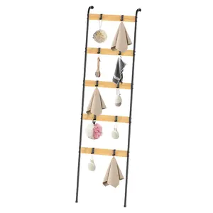 5-Tier Leaning Blanket Ladder with 10 Metal Hooks – Bamboo Towel Rack, Bathroom Rack for Towels, Blankets, Clothes, Hats, Bags, Scarves | Space-Saving Boho Farmhouse Decor for Bedroom, Bathroom, Living Room, Entryway, Dorm