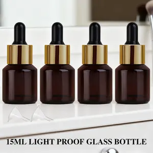 4pcs 15ML Mini Refillable Dropper Bottles, Amber Glass with Ring, Leak Proof Precise Dispensing, Travel Home Use