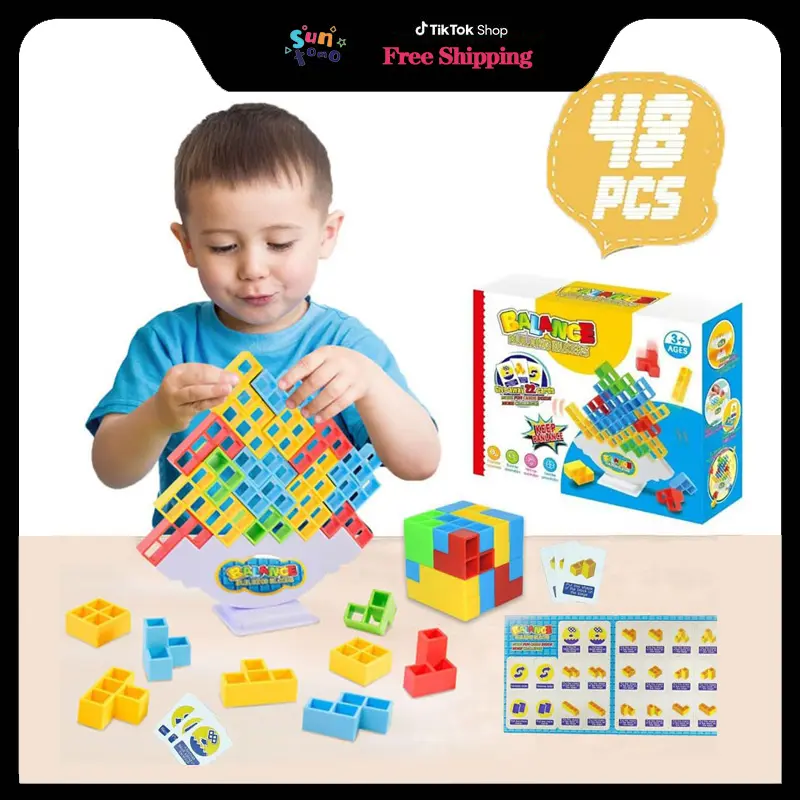 Suntomo 48Pcs Balance Stacking Game, Tetra Tower Board Game, for Kids & Adults, Family Parties, Travel, and Team Building - Holiday Gifts for Halloween Fall