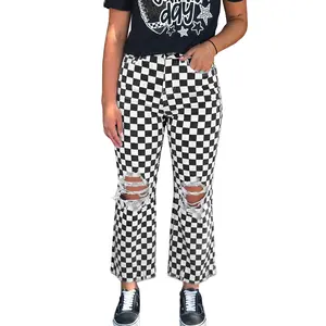 Checkerboard Print Distressed Holes Raw Edge Cropped Jeans