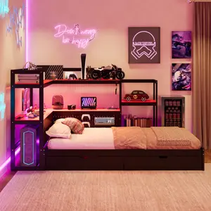 Twin Size Gaming Daybed with Integrated Desk and LED Light, Modern Wooden Bed Frame with 3 Storage Drawers and Built-in Charging Station, Multi-Functional Headboard Bookcase, Black+Red