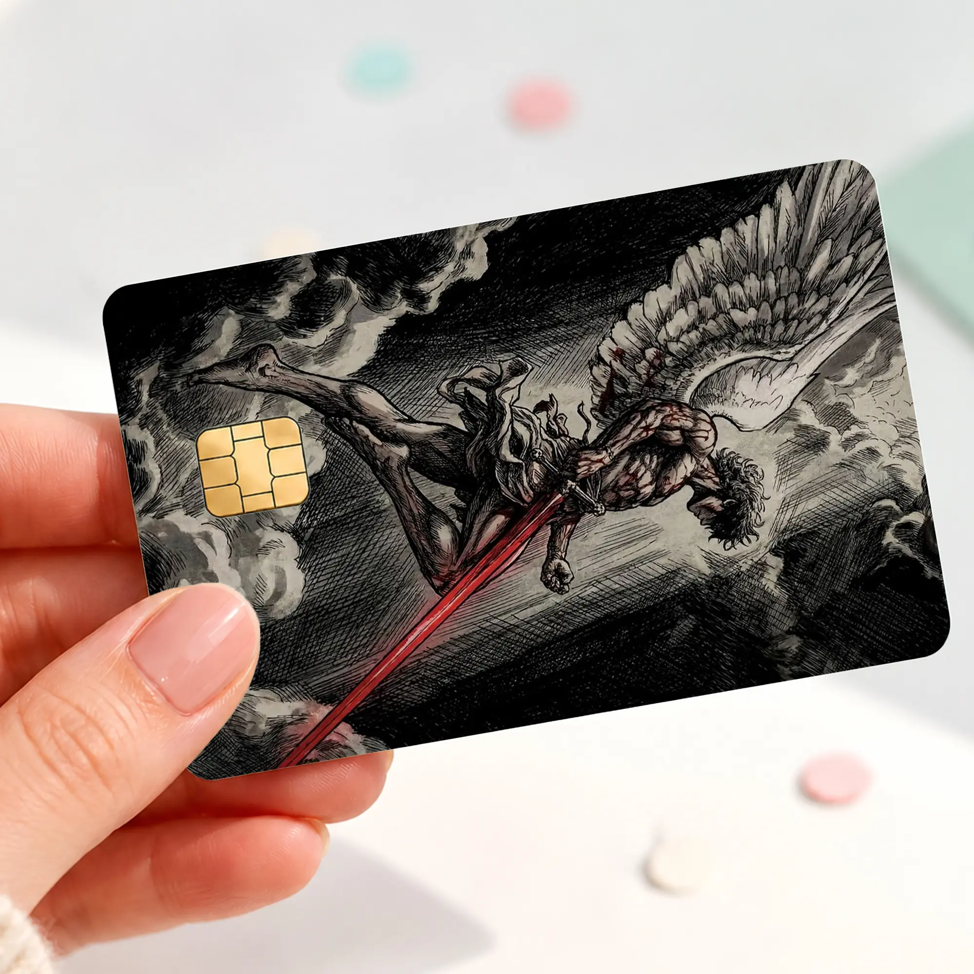 Fallen Warrior Angel Credit Card Skin Sticker, Dark Biblical Battle Debit Card Cover, Red Sword Gothic Bank Card Decal, Vintage Religious Fantasy Card Wrap Gift