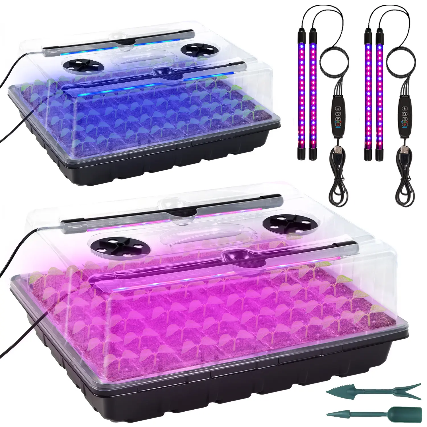 96-Cell Self-Watering Seed Starter Tray with Grow Light & Humidity Dome for Indoor Seedling Growth Complete Kit for Plant Germination LED Red Blue 2 Set, Growing Kit, Rectangular, Two Sets Grow Tent System Heavy Duty Greenhouse