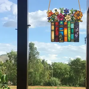 Book-Shaped Stained Glass Hanging Decorations, 2D Flat Book Design Wall Art for Home Living Room Bedroom Window Decoration, Hanging Ornaments