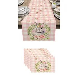 7pcs,Easter Table Decor Set, Buffalo Plaid Bunny Wreath, Easter Egg Wheel, Spring Summer Holiday Kitchen Dining Room Decoration