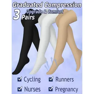 3 Pairs Of Knee High Thigh High Compression Socks Over The Knee Women Men Stockings 15 - 20 Mmhg Circulation Socks Blood Flow Problems Running Pregnancy Sports Fitness Medias La Medical Plus