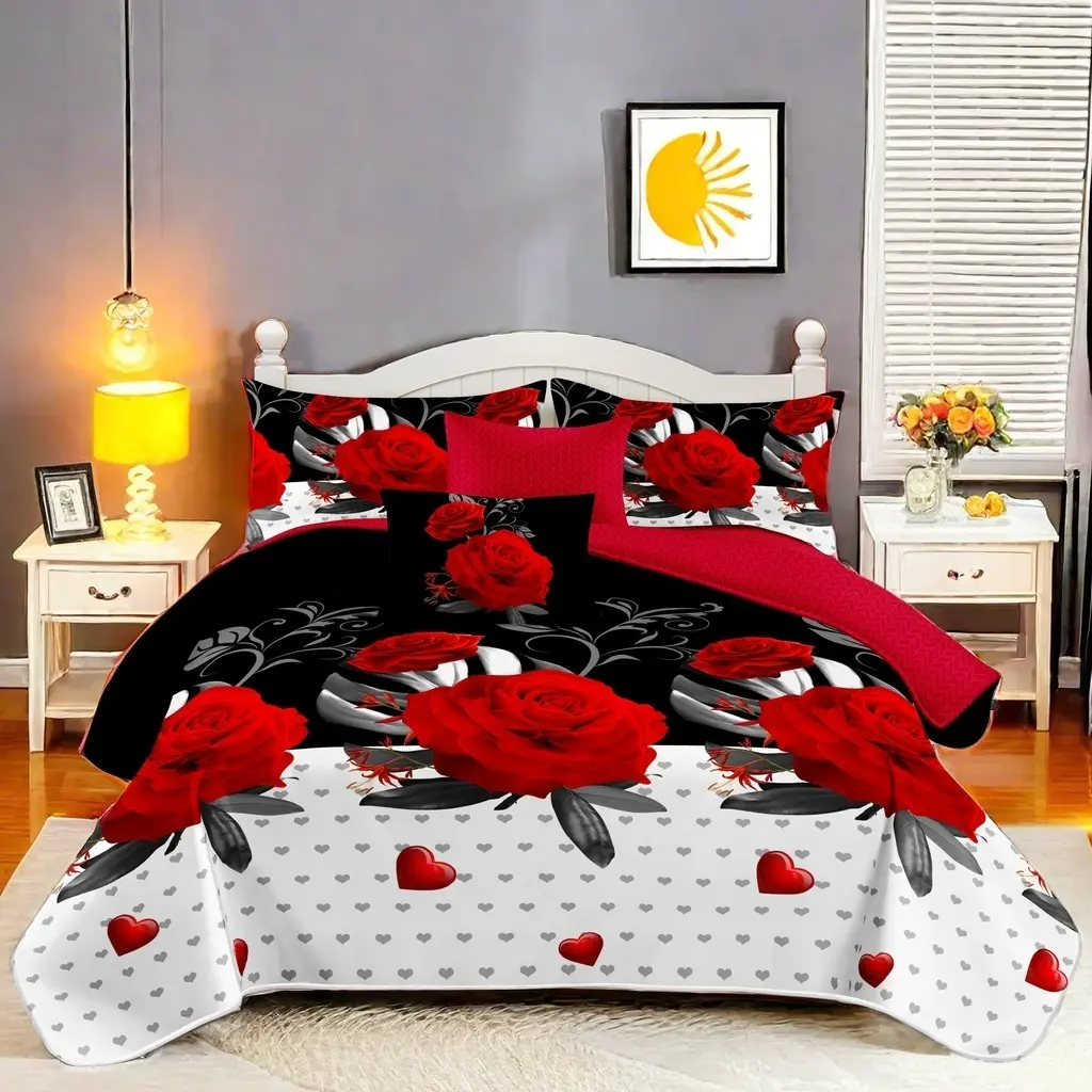 9PCS Red Rose Floral Room-in-a-Bag Bedding Set | Luxury Thick Touch Bedspread & Matching Curtain Combo, Bamboo Microfiber, All Season | Machine Washable, Queen/King/Cal King